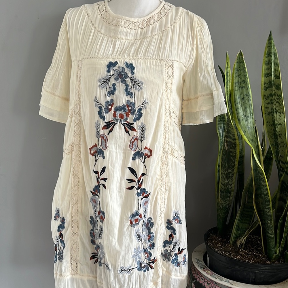 Free People Embroidered Ivory Knee length dress